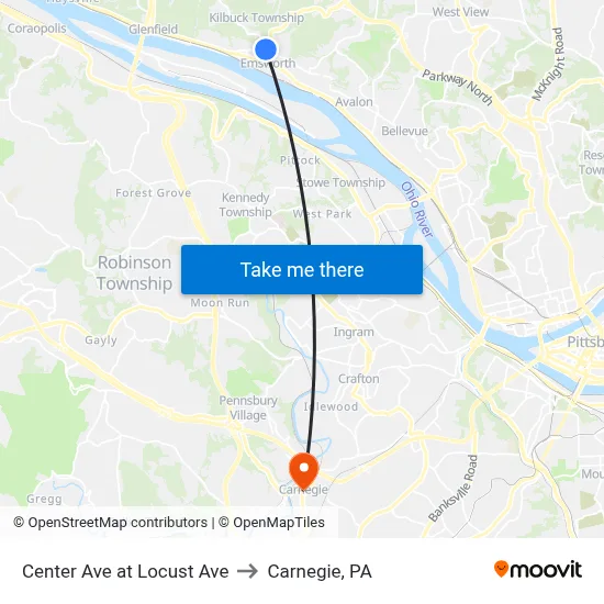 Center Ave at Locust Ave to Carnegie, PA map