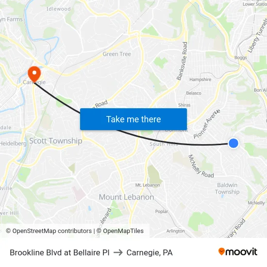 Brookline Blvd at Bellaire Pl to Carnegie, PA map
