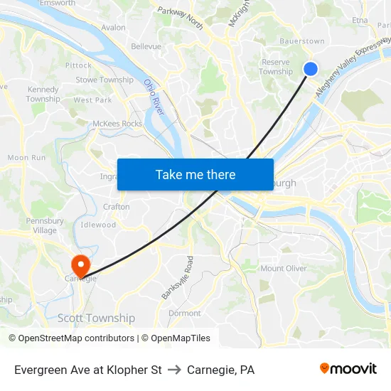 Evergreen Ave at Klopher St to Carnegie, PA map