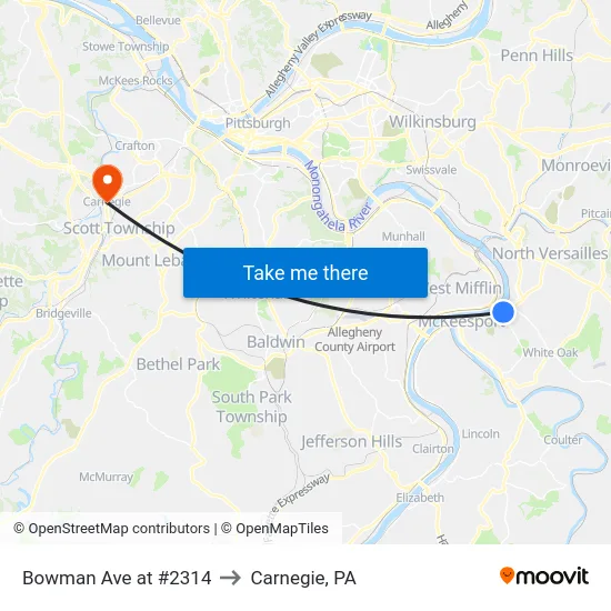 Bowman Ave at #2314 to Carnegie, PA map