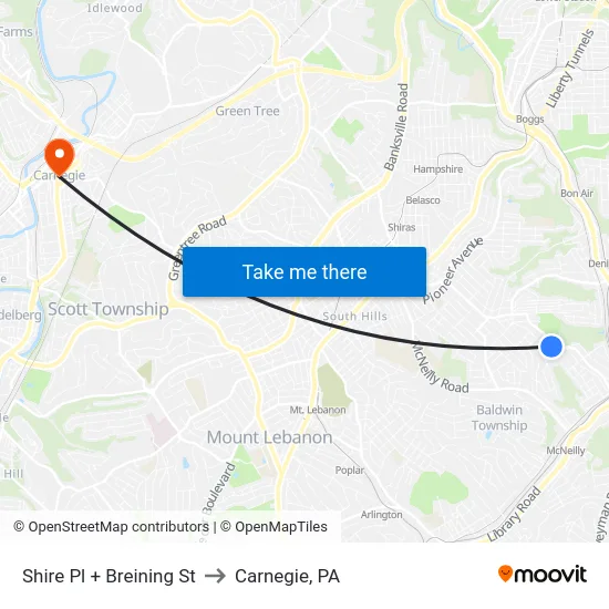 Shire Pl + Breining St to Carnegie, PA map