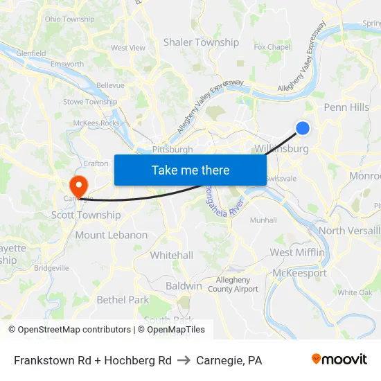 Frankstown Rd + Hochberg Rd to Carnegie, PA map