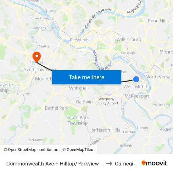 Commonwealth Ave + Hilltop/Parkview Manor Apts to Carnegie, PA map