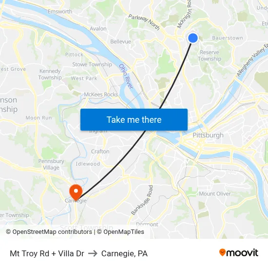 Mt Troy Rd + Villa Dr to Carnegie, PA map