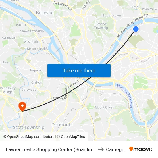 Lawrenceville Shopping Center (Boarding Stop-Shelter) to Carnegie, PA map