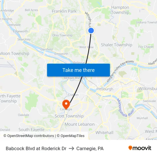 Babcock Blvd at Roderick Dr to Carnegie, PA map