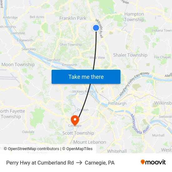 Perry Hwy at Cumberland Rd to Carnegie, PA map