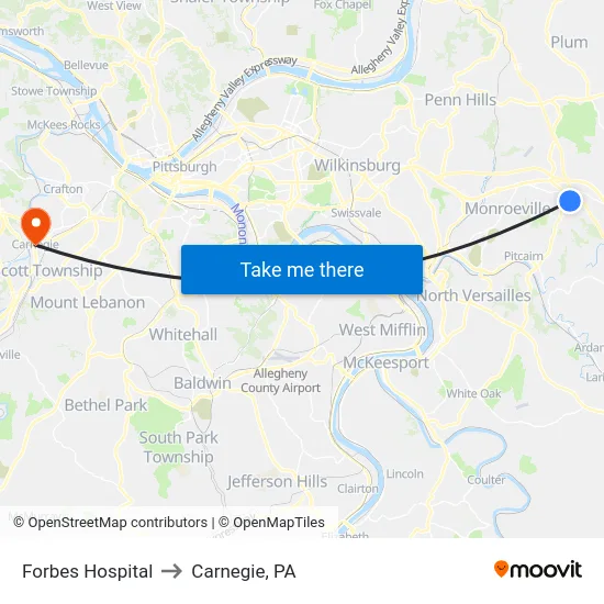 Forbes Hospital to Carnegie, PA map