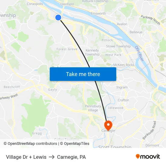 Village Dr + Lewis to Carnegie, PA map