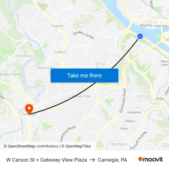 W Carson St + Gateway View Plaza to Carnegie, PA map