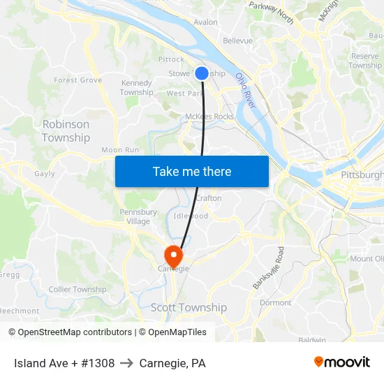 Island Ave + #1308 to Carnegie, PA map