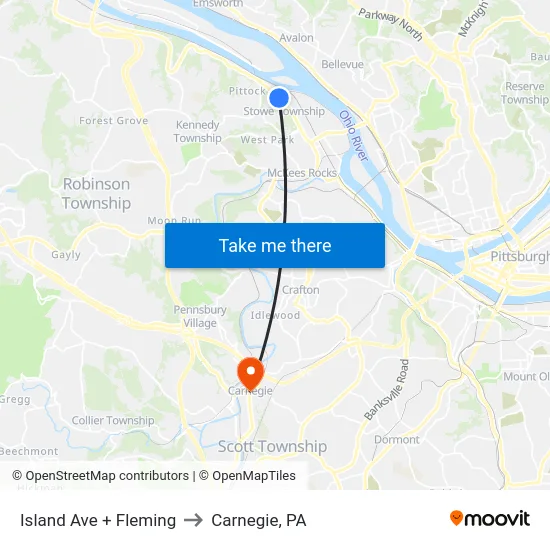 Island Ave + Fleming to Carnegie, PA map