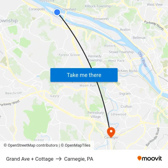 Grand Ave + Cottage to Carnegie, PA map