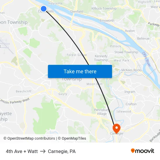 4th Ave + Watt to Carnegie, PA map