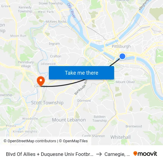 Blvd Of Allies + Duquesne Univ Footbridge to Carnegie, PA map