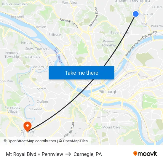 Mt Royal Blvd + Pennview to Carnegie, PA map