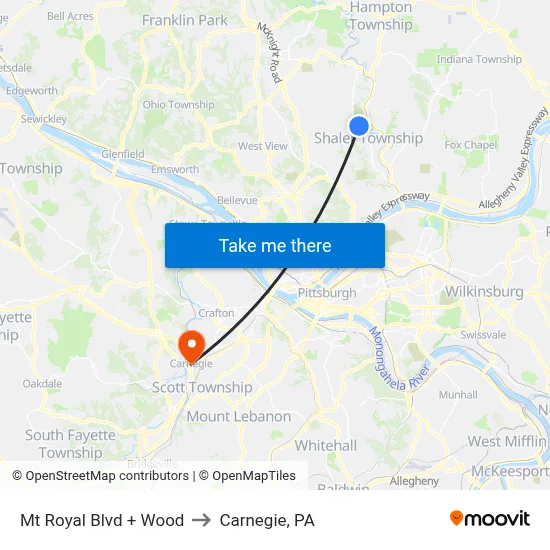 Mt Royal Blvd + Wood to Carnegie, PA map