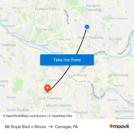 Mt Royal Blvd + Illinois to Carnegie, PA map