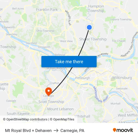 Mt Royal Blvd + Dehaven to Carnegie, PA map