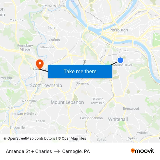 Amanda St + Charles to Carnegie, PA map