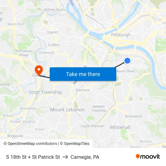 S 18th St + St Patrick St to Carnegie, PA map