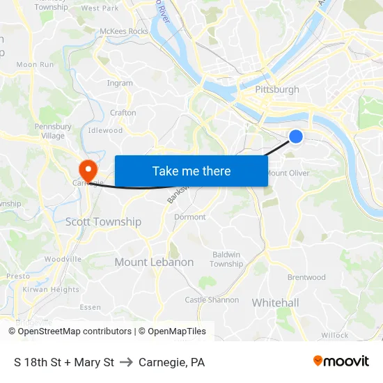 S 18th St + Mary St to Carnegie, PA map