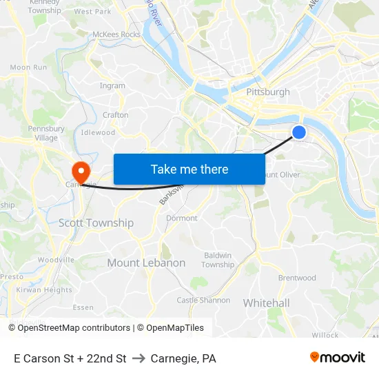 E Carson St + 22nd St to Carnegie, PA map