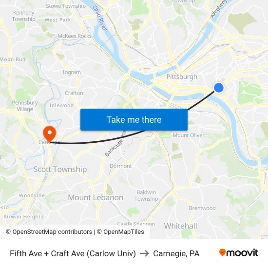 Fifth Ave + Craft Ave (Carlow Univ) to Carnegie, PA map