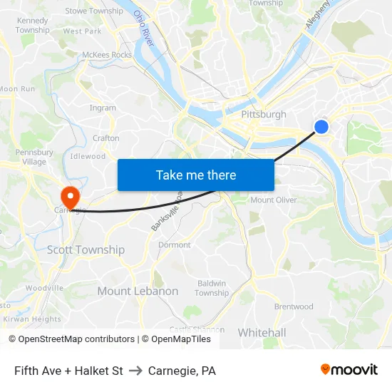 Fifth Ave + Halket St to Carnegie, PA map