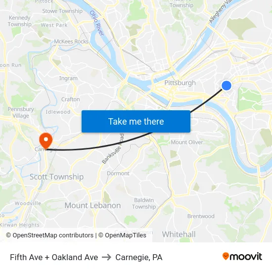 Fifth Ave + Oakland Ave to Carnegie, PA map