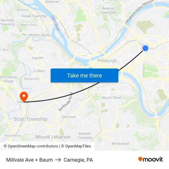 Millvale Ave + Baum to Carnegie, PA map
