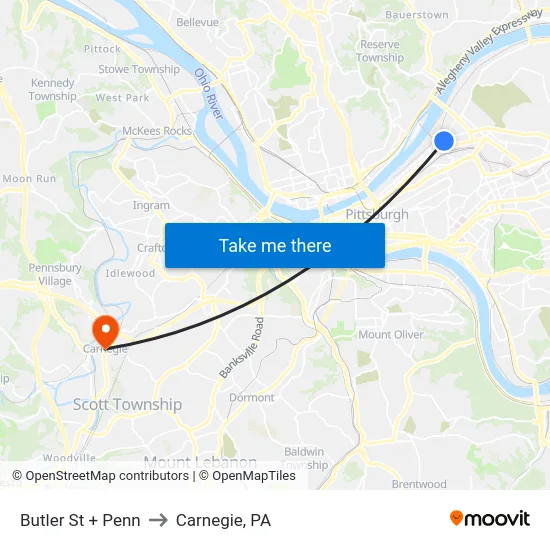 Butler St + Penn to Carnegie, PA map