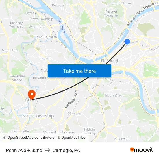 Penn Ave + 32nd to Carnegie, PA map