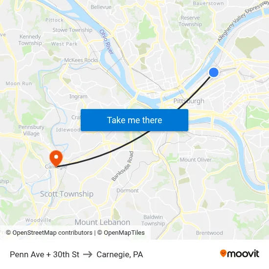 Penn Ave + 30th St to Carnegie, PA map