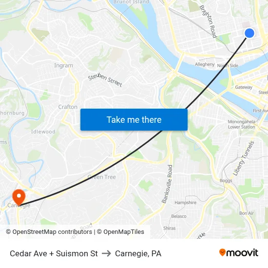 Cedar Ave + Suismon St to Carnegie, PA map