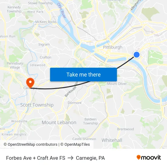Forbes Ave + Craft Ave FS to Carnegie, PA map