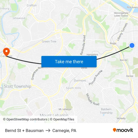 Bernd St + Bausman to Carnegie, PA map