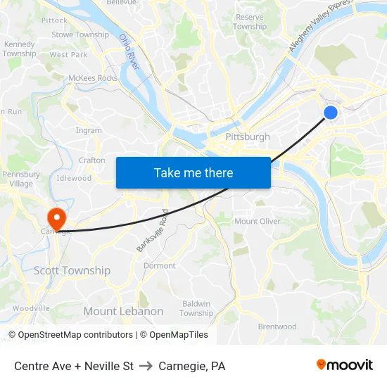 Centre Ave + Neville St to Carnegie, PA map