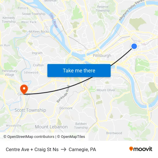 Centre Ave + Craig St Ns to Carnegie, PA map
