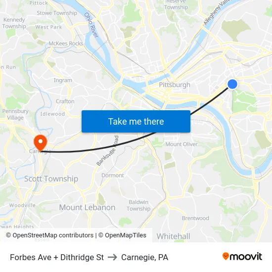 Forbes Ave + Dithridge St to Carnegie, PA map