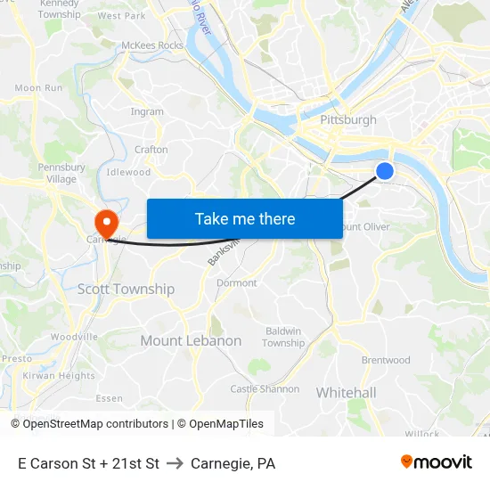 E Carson St + 21st St to Carnegie, PA map