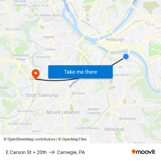 E Carson St + 20th to Carnegie, PA map
