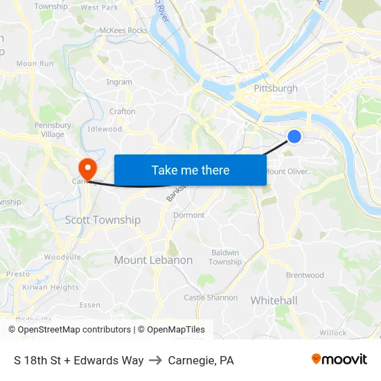 S 18th St + Edwards Way to Carnegie, PA map
