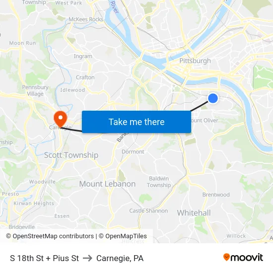 S 18th St + Pius St to Carnegie, PA map