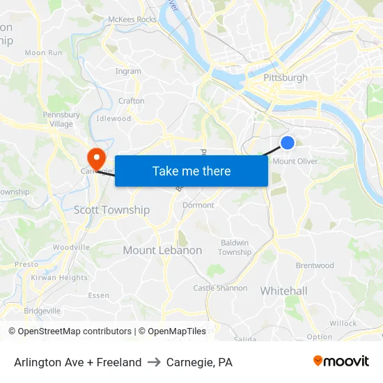 Arlington Ave + Freeland to Carnegie, PA map