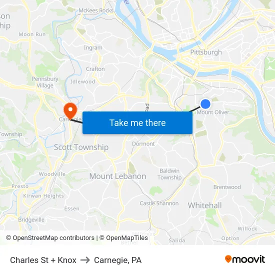 Charles St + Knox to Carnegie, PA map