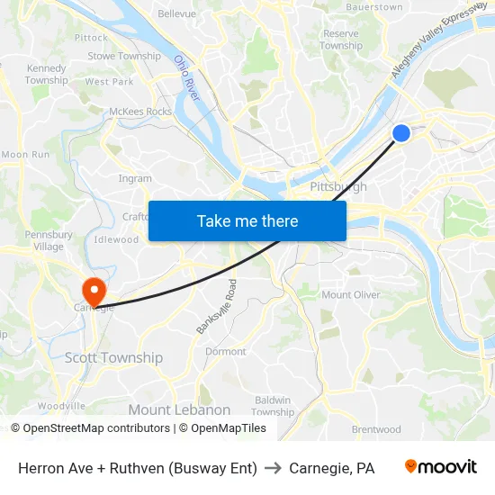 Herron Ave + Ruthven (Busway Ent) to Carnegie, PA map