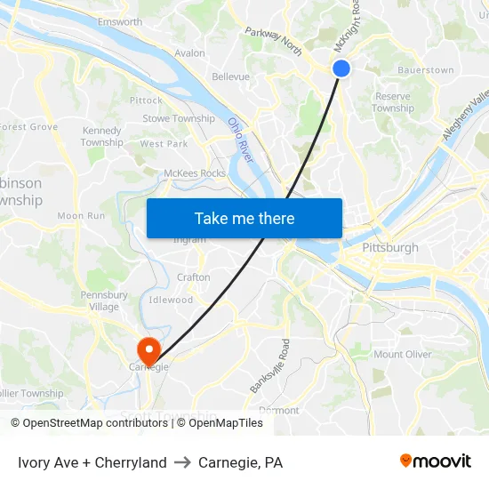 Ivory Ave + Cherryland to Carnegie, PA map