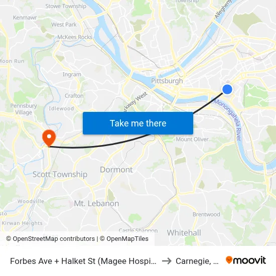 Forbes Ave + Halket St (Magee Hospital) to Carnegie, PA map