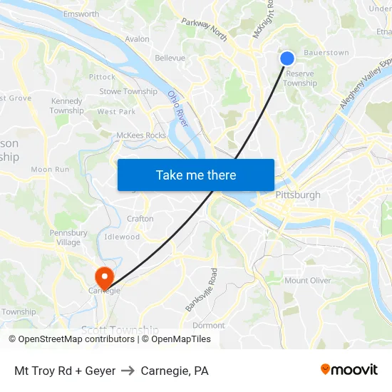 Mt Troy Rd + Geyer to Carnegie, PA map